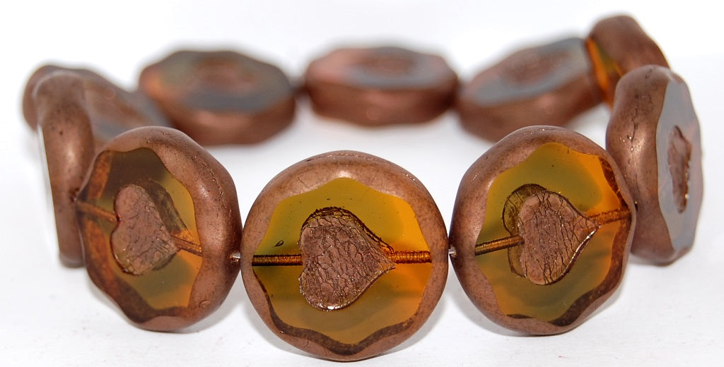 Table Cut Round Beads With Heart, 37101 Bronze (37101 14415), Glass, Czech Republic