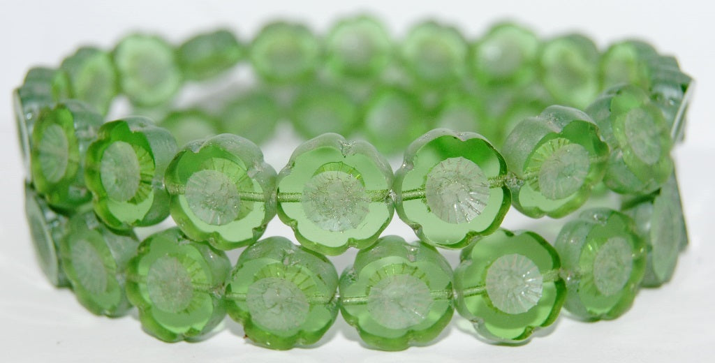 Table Cut Round Beads Hawaii Flowers, Transparent Green Luster Cream (50220 14401), Glass, Czech Republic