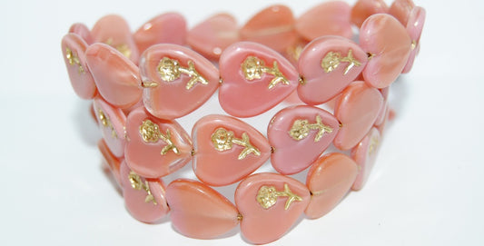 Heart Pressed Glass Beads With Flower, Opaque Pink 54202 (74020 54202), Glass, Czech Republic