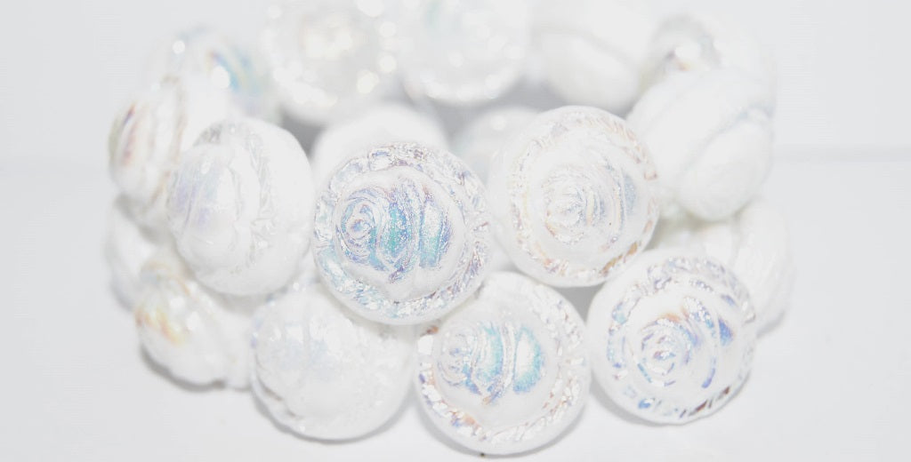 Round With Rose Flower Pressed Glass Beads, Chalk White Ab (3000 Ab), Glass, Czech Republic