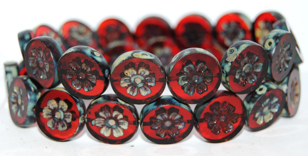 Table Cut Round Beads With Flower, Light Siam 66800 (90070 66800), Glass, Czech Republic