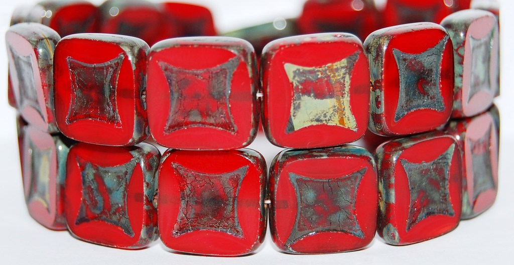 Table Cut Square Beads With Square, Opal Red Travertin (91250 86800), Glass, Czech Republic