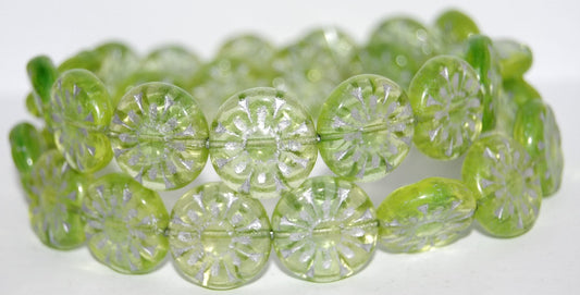 Flat Round With Flower Pressed Glass Beads, (57801 54201), Glass, Czech Republic