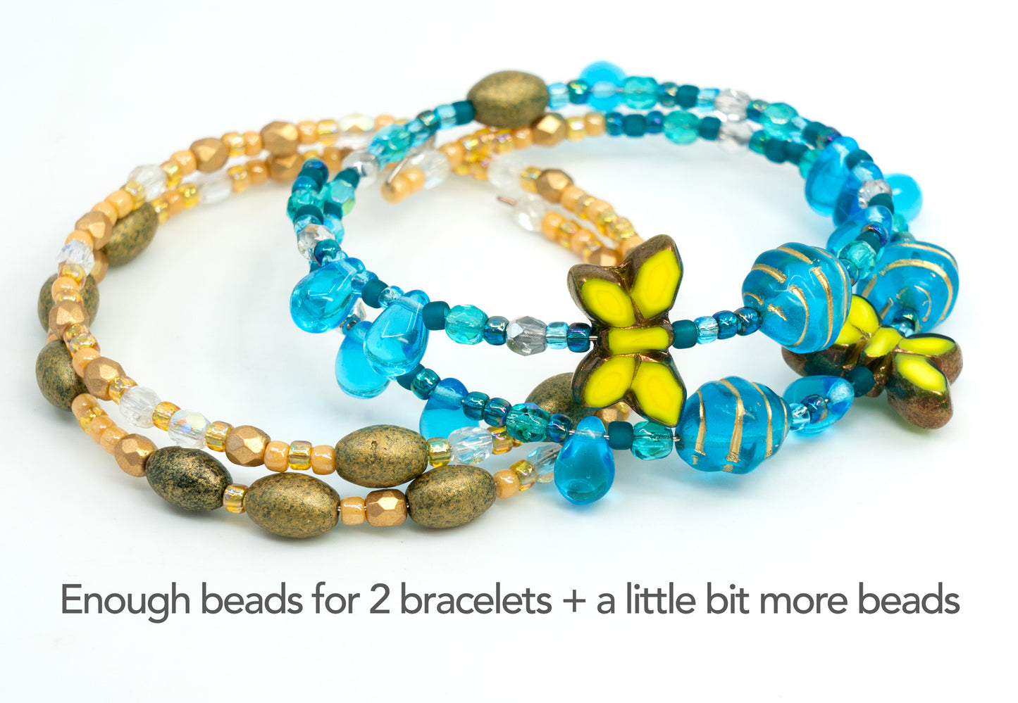 Bracelet making kit with Czech Glass Beads, 2pc Memory wire and crimps for beginners - easy & fast to do (Butterflies Blue Gold)