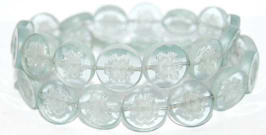 Table Cut Round Beads With Flower, Transparent Blue Luster Cream (30010 14401), Glass, Czech Republic