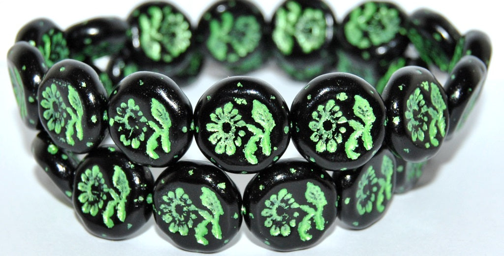 Round Flat With Flower Marguerite Pressed Glass Beads, Black 43813 Metalic (23980 43813 Metalic), Glass, Czech Republic