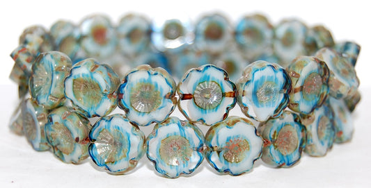 Table Cut Round Beads Hawaii Flowers, Light Blue White Delay 43400 (65016 43400), Glass, Czech Republic