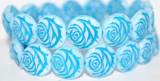 Round Flat Rose Flower Pressed Glass Beads, White 14460 (2010 14460), Glass, Czech Republic