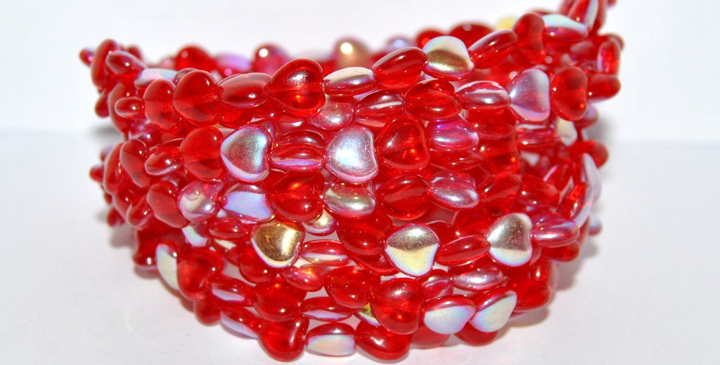 Heart Pressed Glass Beads, Ruby Red Ab (90080 Ab), Glass, Czech Republic