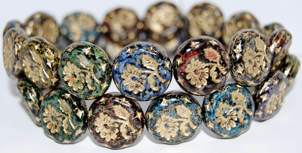 Round Flat With Flower Marguerite Pressed Glass Beads, Chalk White Lava Mixed Colors Glass Black 54202 (3000 Lava Mix Glass Black 54202), Glass, Czech Republic