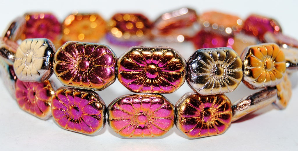 Rounded Rectangle With Flower Pressed Glass Beads, Crystal 29500 2Xside (30 29500 2Xside), Glass, Czech Republic