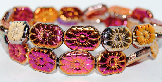 Rounded Rectangle With Flower Pressed Glass Beads, Crystal 29500 2Xside (30 29500 2Xside), Glass, Czech Republic