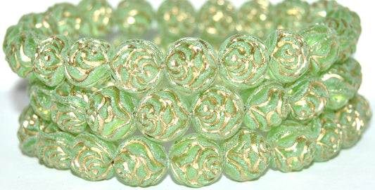 Round Rose Pressed Glass Beads, Transparent Green 54202 Antiq Uranium (50800 54202 Antiq Uranium), Glass, Czech Republic