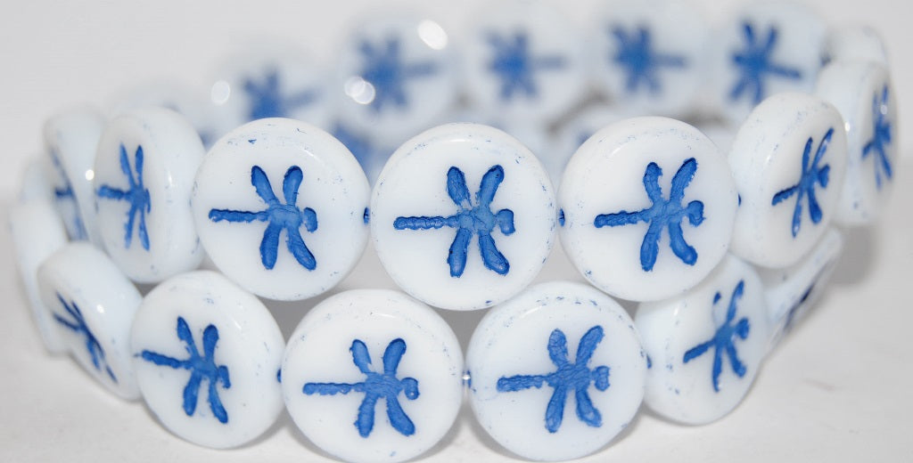 Round Flat Wit Dragonfly Pressed Glass Beads, White 46430 (2010 46430), Glass, Czech Republic