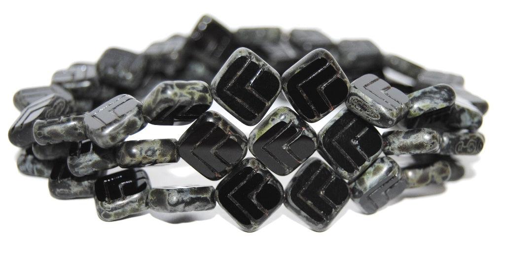 Table Cut Rhomb Beads With Lines, Black 86801 (23980 86801), Glass, Czech Republic