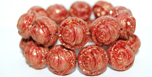 Round With Rose Flower Pressed Glass Beads, Chalk White Luster Ruby Antiq (3000 14497 Antiq), Glass, Czech Republic