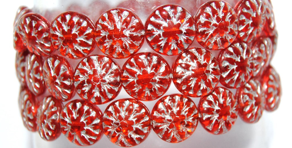 Round Flower Edelweiss Pressed Glass Beads, Transparent Red 54201 (90060 54201), Glass, Czech Republic