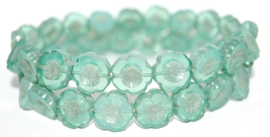 Table Cut Round Beads Hawaii Flowers, Opal Aqua Hematite (61100 14400), Glass, Czech Republic