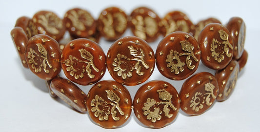 Round Flat With Flower Marguerite Pressed Glass Beads, (16616 54202), Glass, Czech Republic