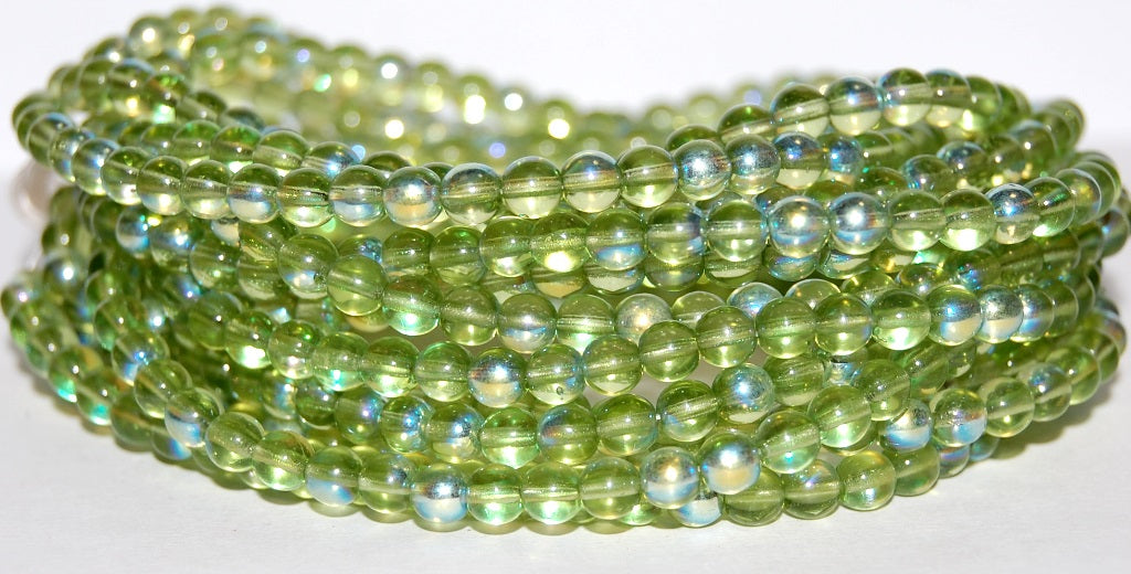 Round Pressed Glass Beads Druck, Transparent Green Ab (50230 Ab), Glass, Czech Republic