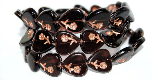 Heart Pressed Glass Beads With Flower, Transparent Amethyst 54200 (20080 54200), Glass, Czech Republic