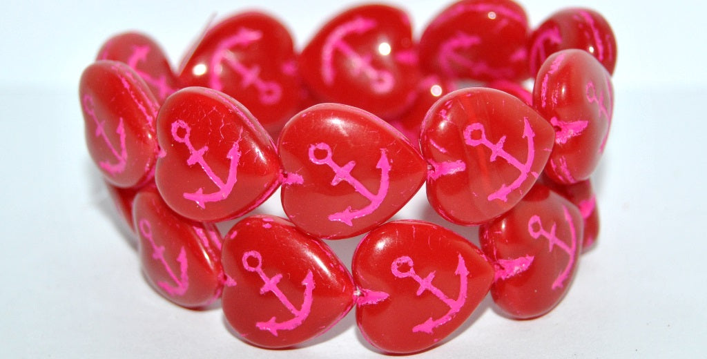 Heart With Anchor Pressed Glass Beads, Opal Red 46470 (91250 46470), Glass, Czech Republic