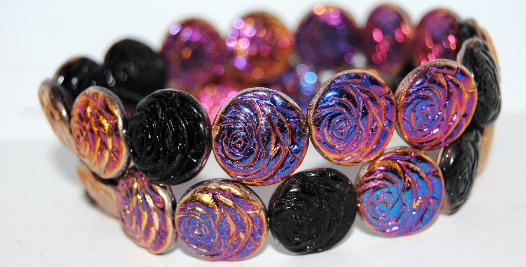Round Flat Rose Flower Pressed Glass Beads, Black 29500 (23980 29500), Glass, Czech Republic