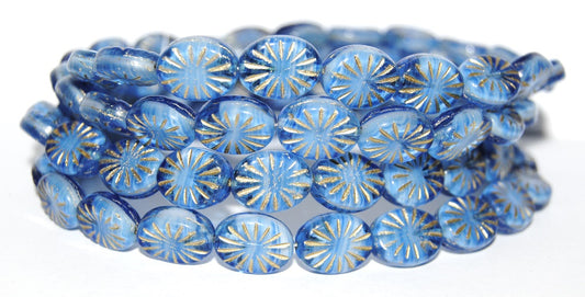 Flat Oval Pressed Glass Beads With Rays, Light Blue White Delay 54202 (65016 54202), Glass, Czech Republic