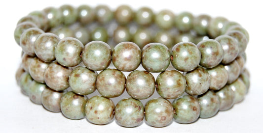 Round Pressed Glass Beads Druck, Chalk White Stain With Luster Green (3000 65455), Glass, Czech Republic