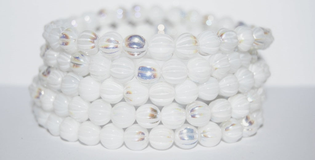 Melon Round Pressed Glass Beads With Stripes, (4000 Ab), Glass, Czech Republic