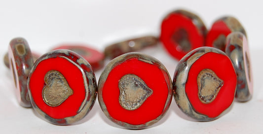 Table Cut Round Beads With Heart, Red 43400 (93190 43400), Glass, Czech Republic