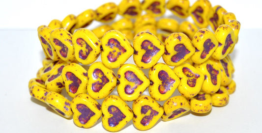Heart With Heart Pressed Glass Beads, Yellow 43810 Antiq (83120 43810 Antiq), Glass, Czech Republic