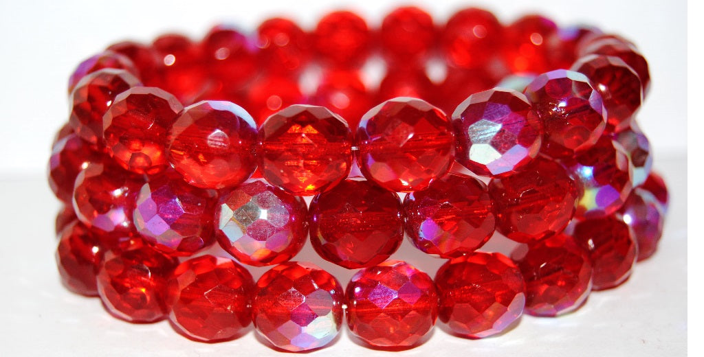 Fire Polished Round Faceted Beads, Ruby Red Ab (90080 Ab), Glass, Czech Republic