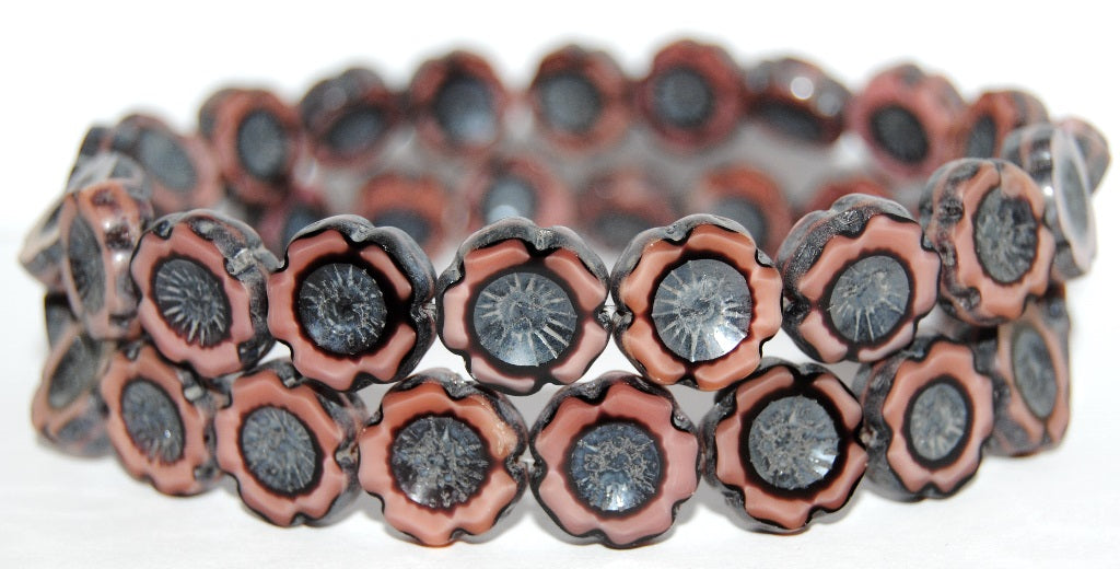 Table Cut Round Beads Hawaii Flowers, 77029B Hematite (77029B 14400), Glass, Czech Republic