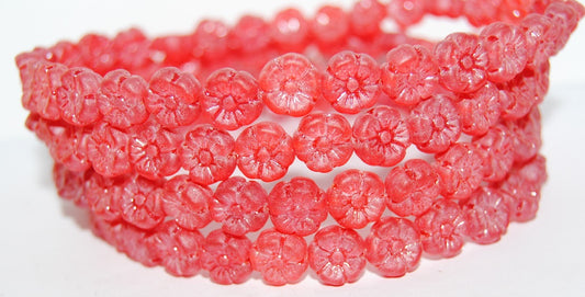 Hawaii Flower Pressed Glass Beads, Transparent Red Luster Cream (90060 14401), Glass, Czech Republic