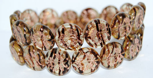 Round Flat With Flower Marguerite Pressed Glass Beads, (18016B 54200), Glass, Czech Republic