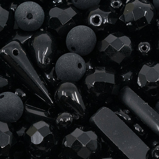 Glass Bead Mix with Drops, table-cut and fire polish Czech Beads, Glossy & Matte Black