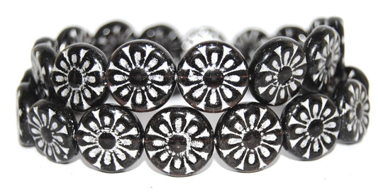 Flat Round With Flower Pressed Glass Beads, Transparent Amethyst 54201 (20080 54201), Glass, Czech Republic