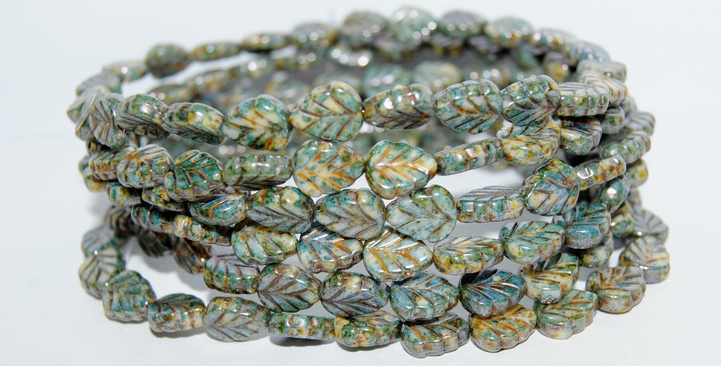 Lilac Leaf Pressed Glass Beads, Chalk White Senegal Blue (3000 15664), Glass, Czech Republic