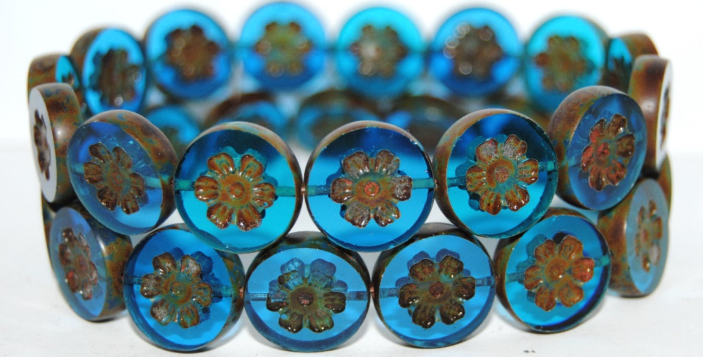 Table Cut Round Beads With Flower, Transparent Aqua 60060 Travertin (60050 60060 86800), Glass, Czech Republic