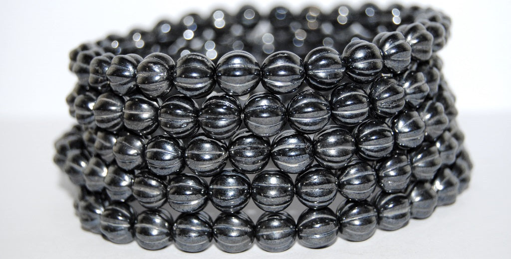 Melon Round Pressed Glass Beads With Stripes, Black Hematite (23980 14400), Glass, Czech Republic