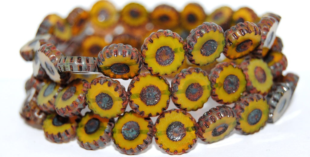 Table Cut Round Flower Beads Daisy, Opal Yellow Travertin (81210 86800), Glass, Czech Republic