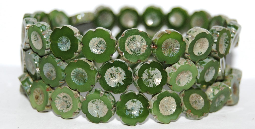 Table Cut Round Beads Hawaii Flowers, Opal Green 43400 (51010 43400), Glass, Czech Republic