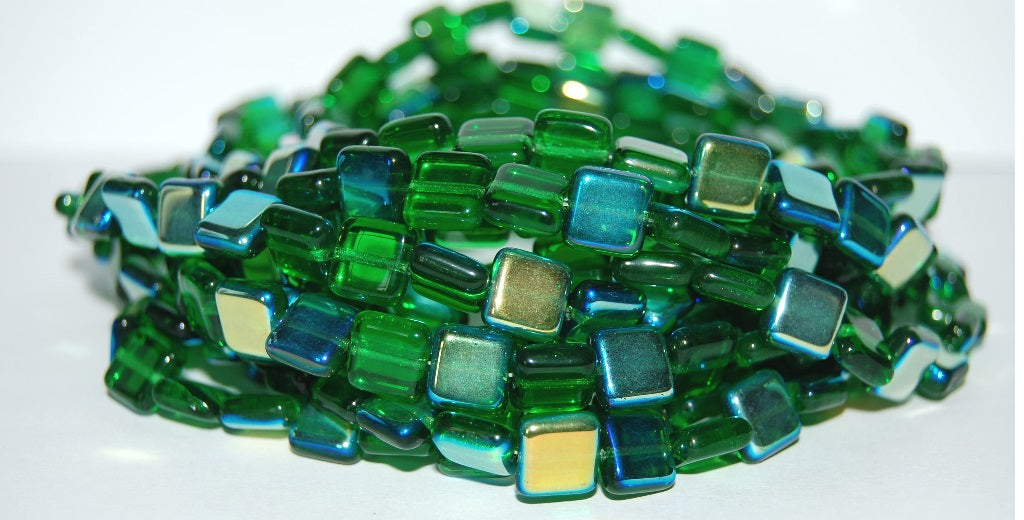 Flat Square Pressed Glass Beads, Transparent Green Ab (50110 Ab), Glass, Czech Republic
