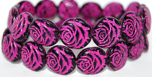 Round Flat Rose Flower Pressed Glass Beads, Black 46470 (23980 46470), Glass, Czech Republic