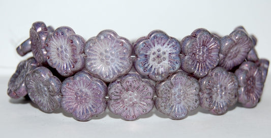 Flower Pressed Glass Beads, White Purple (2010 15726), Glass, Czech Republic