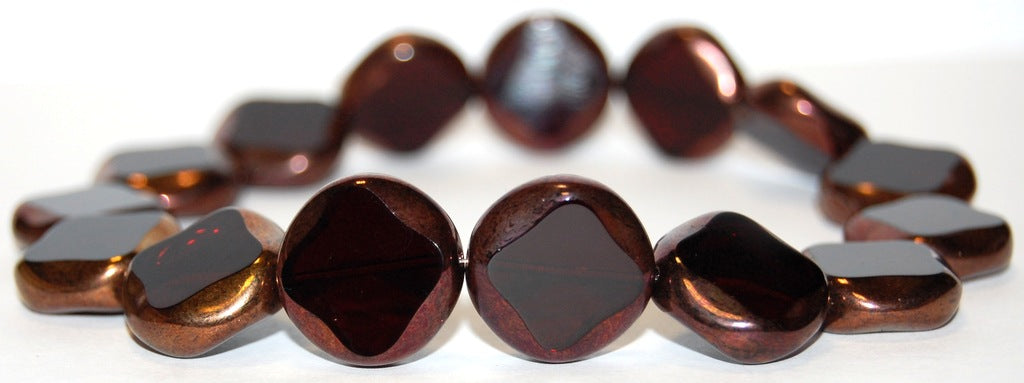 Table Cut Flat Round Beads With Rhomb, Transparent Red Bronze (90120 14415), Glass, Czech Republic
