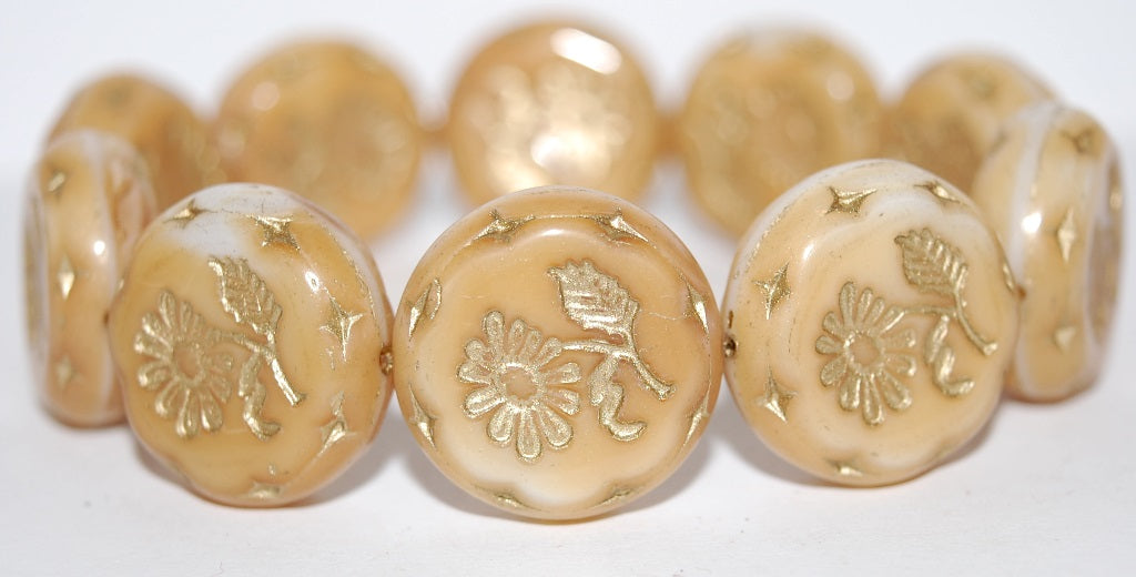 Round Flat With Flower Marguerite Pressed Glass Beads, Dark Beige 54202 (7193 54202), Glass, Czech Republic