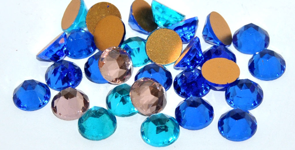 Cabochons Round Faceted Flat Back, (Aqua Sap Amet Similization), Glass, Czech Republic