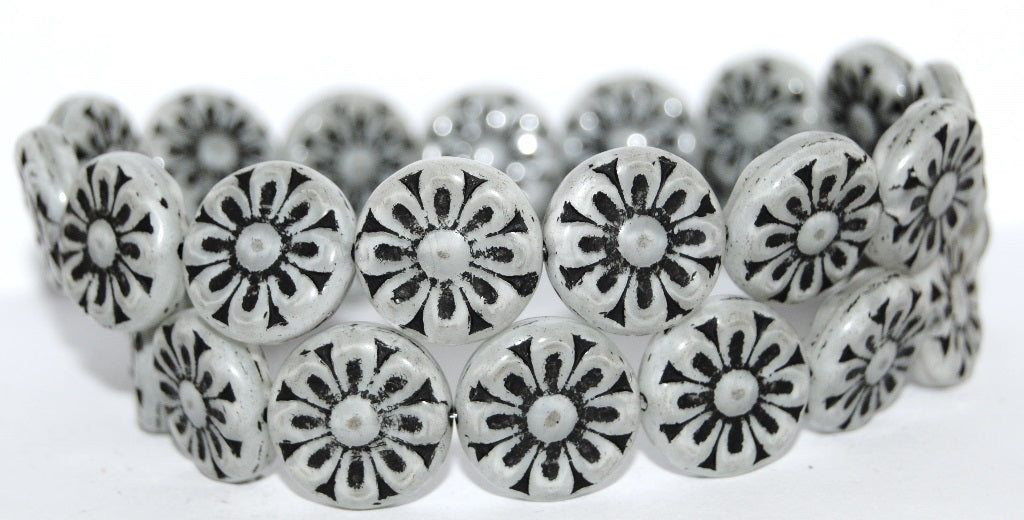 Flat Round With Flower Pressed Glass Beads, (46006 23202), Glass, Czech Republic